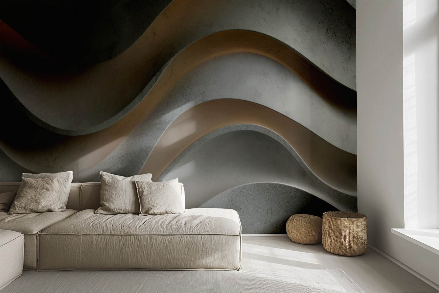 Modernes Wanddesign mit Betonoptik und plastischer Tiefenwirkung – ideal für architektonische Wohnräume und minimalistisches Interior.