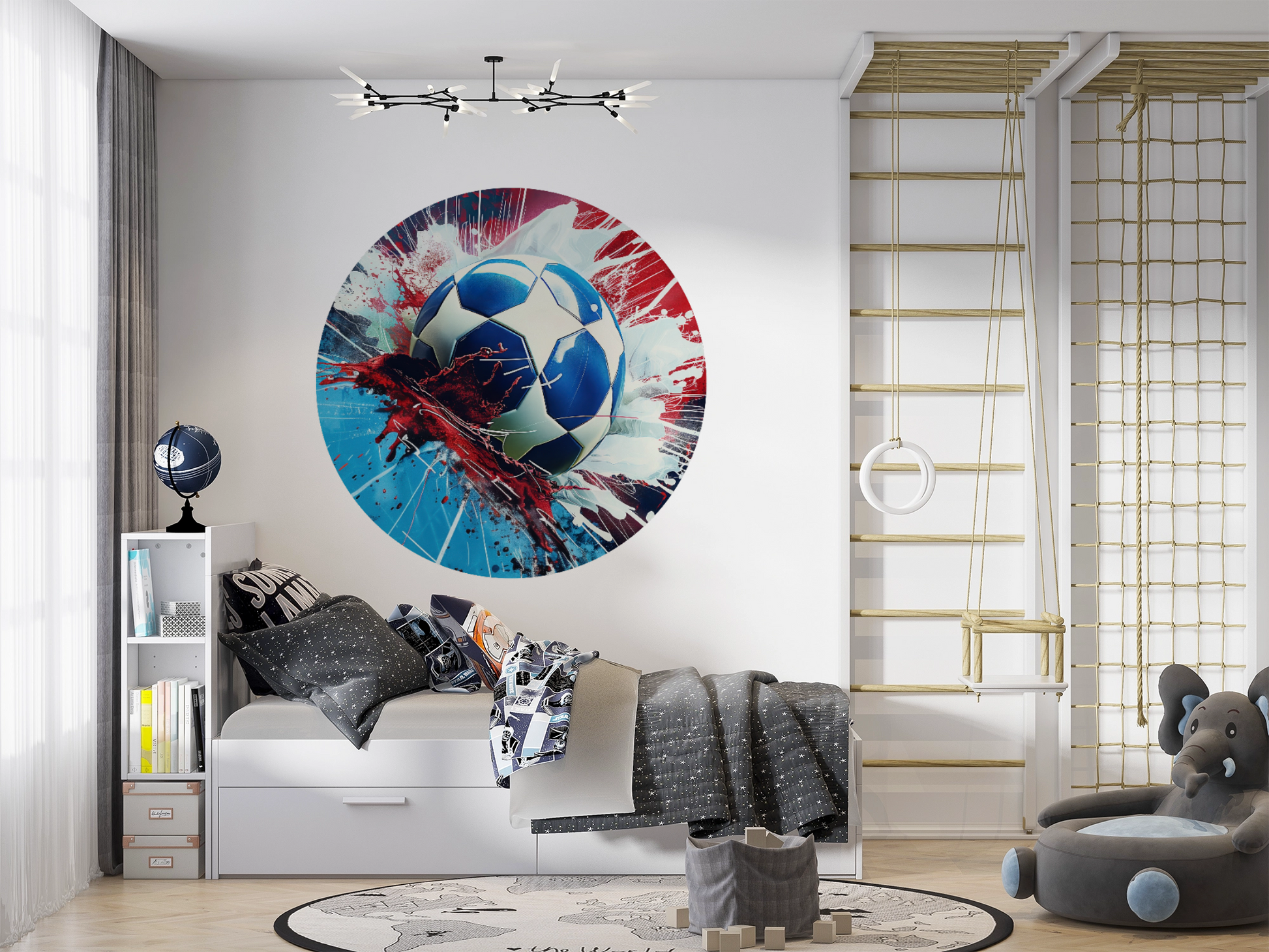Illustration eines Fußballes mit Farbspritzern in Blau, Rot und Weiß – kraftvolles Wanddesign mit Bewegungseffekt