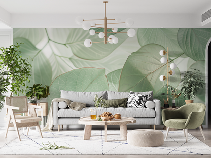Leaves – Selbstklebende Tapete mit Blättermotiv in Salbei und Nebelweiß