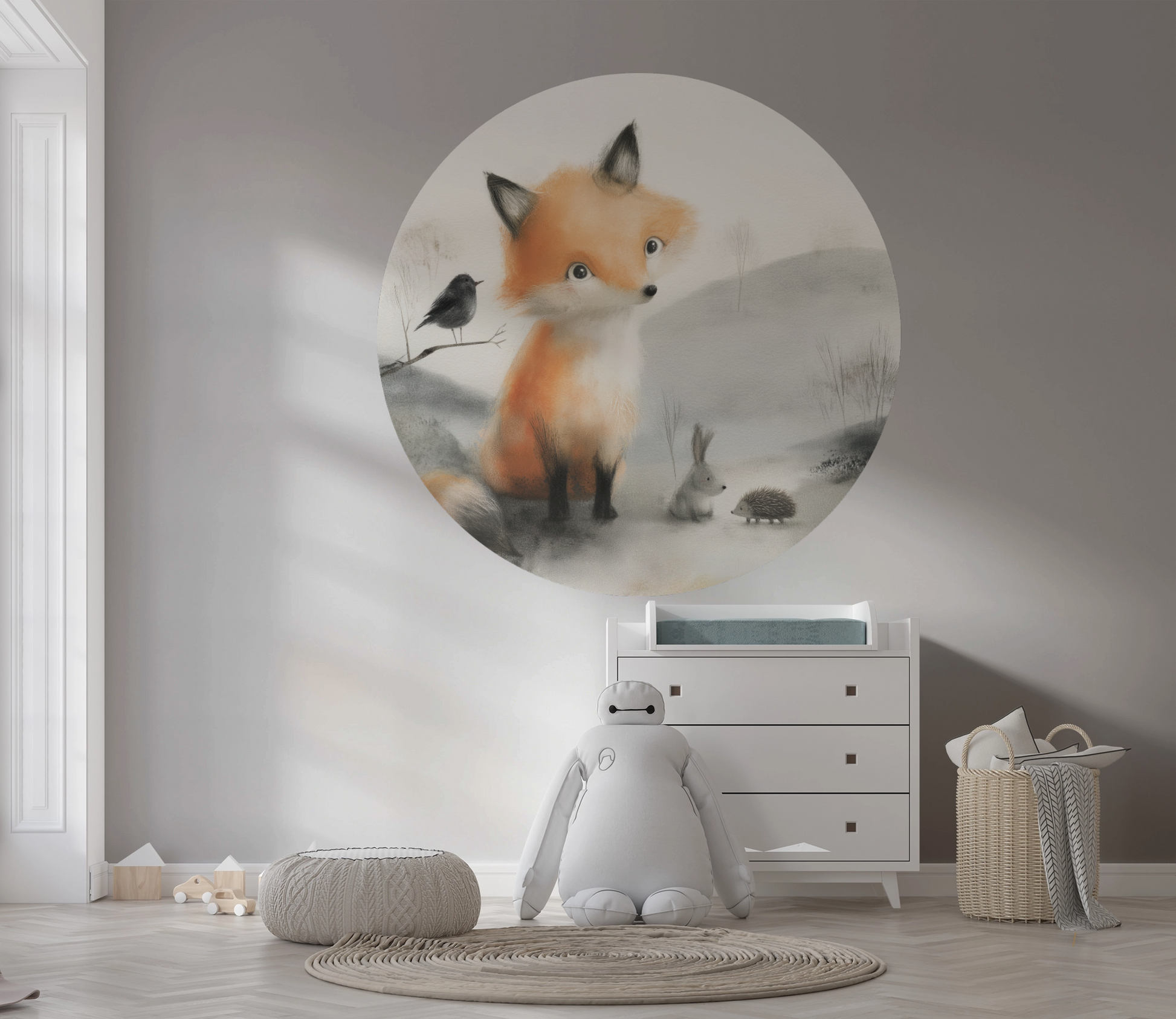 runder wandsticker fuchs im aquarellstil mit hase und vogel im kinderzimmer
