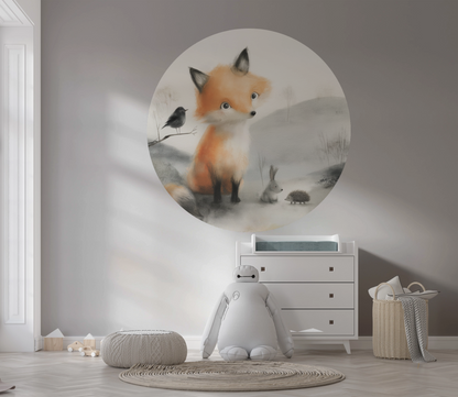 runder wandsticker fuchs im aquarellstil mit hase und vogel im kinderzimmer
