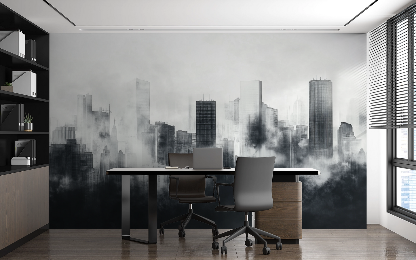 Digitaltapete „Stadtgeflüster“ mit urbaner Skyline im Nebel – in Graustufen, graphisch und modern