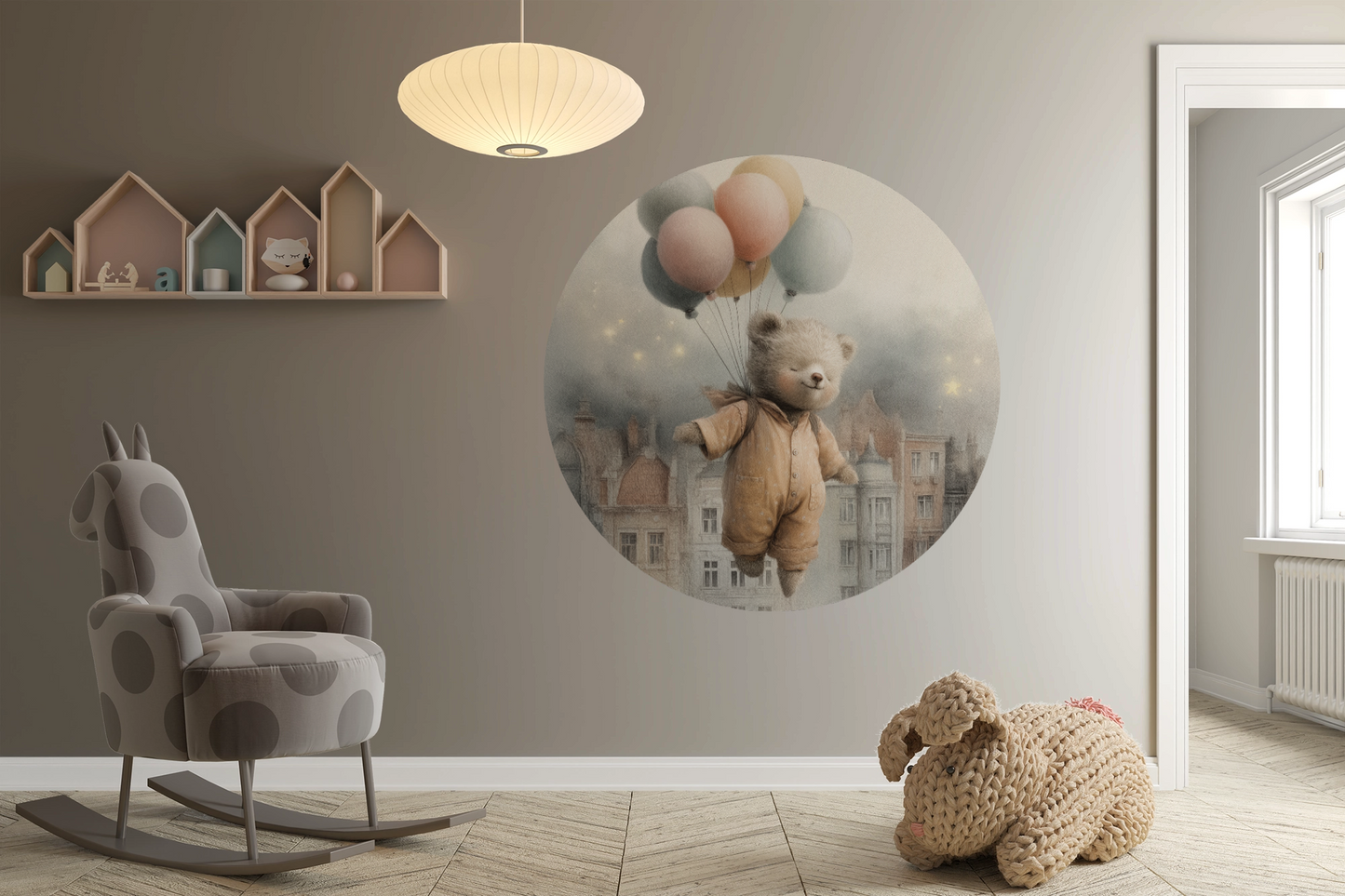 Wandsticker selbstklebend „Dot“ – Fliegender Teddybär mit Ballons im Kreisdesign | Wall of Nova
