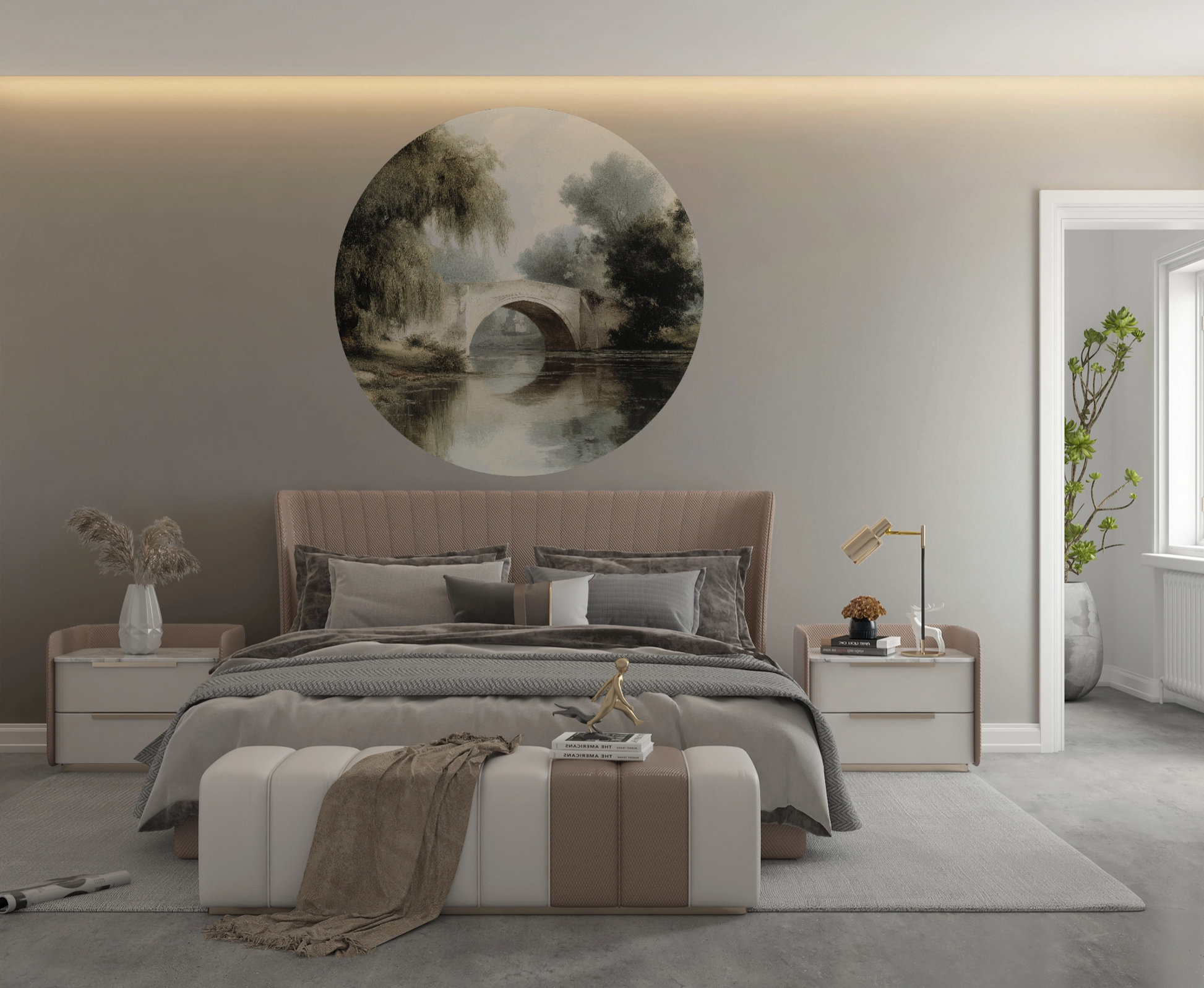 Eleganter selbstklebender Wandsticker „Reflection“ mit rundem Landschaftsmotiv. Einfach anzubringen, stilvoll & ideal für moderne Wohnräume.