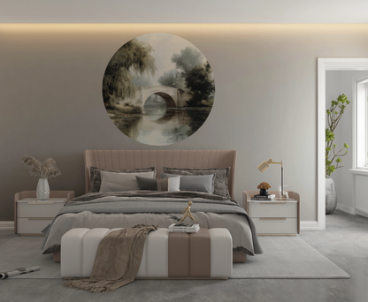 Eleganter selbstklebender Wandsticker „Reflection“ mit rundem Landschaftsmotiv. Einfach anzubringen, stilvoll & ideal für moderne Wohnräume.