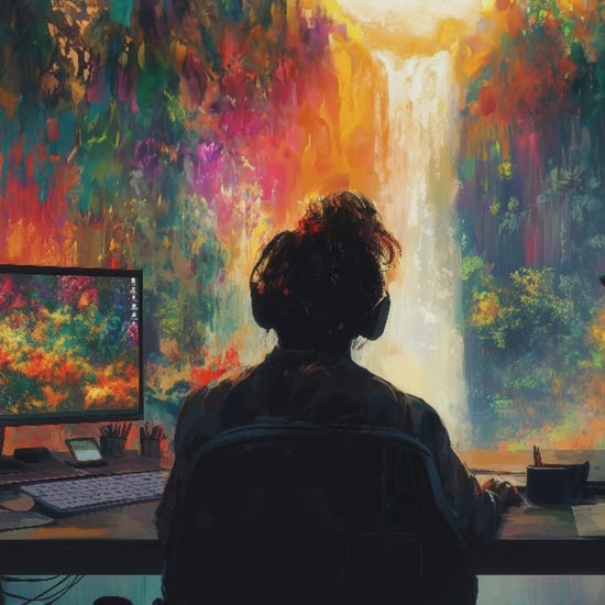 Person am Schreibtisch mit Headset vor farbenfrohem Wasserfall – digitale Kunsttapete