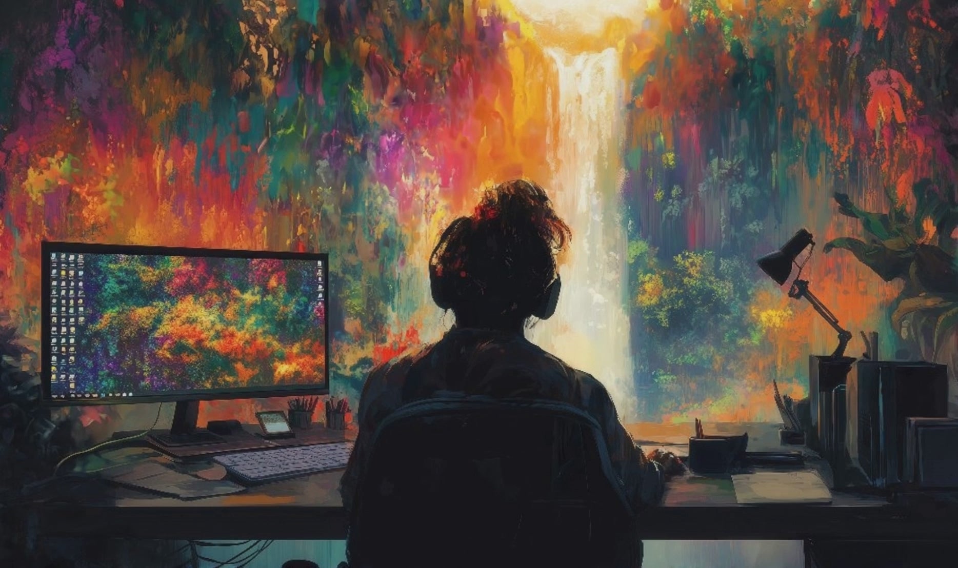 Person am Schreibtisch mit Headset vor farbenfrohem Wasserfall – digitale Kunsttapete