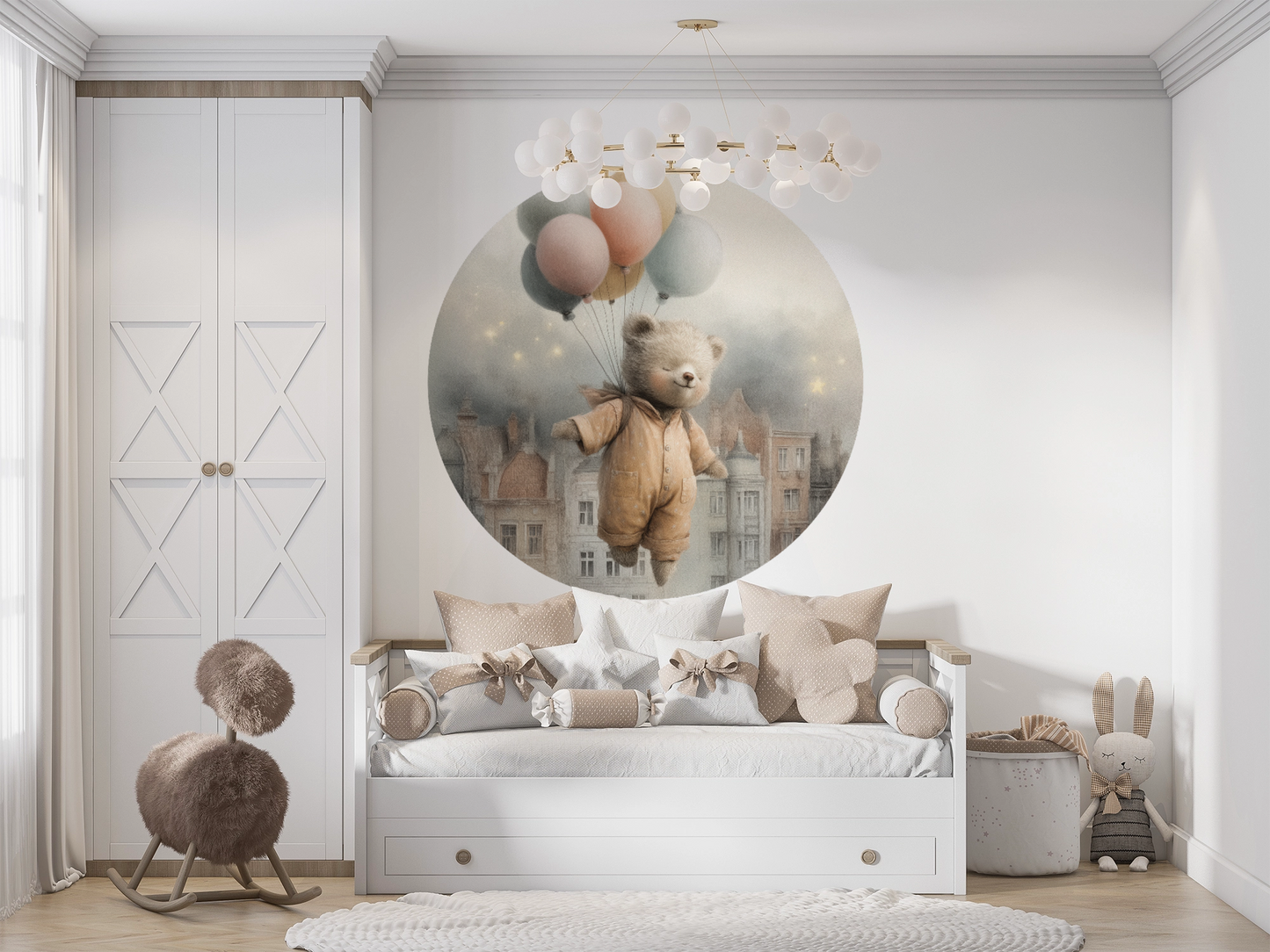 Wandsticker selbstklebend „Dot“ – Fliegender Teddybär mit Ballons im Kreisdesign | Wall of Nova