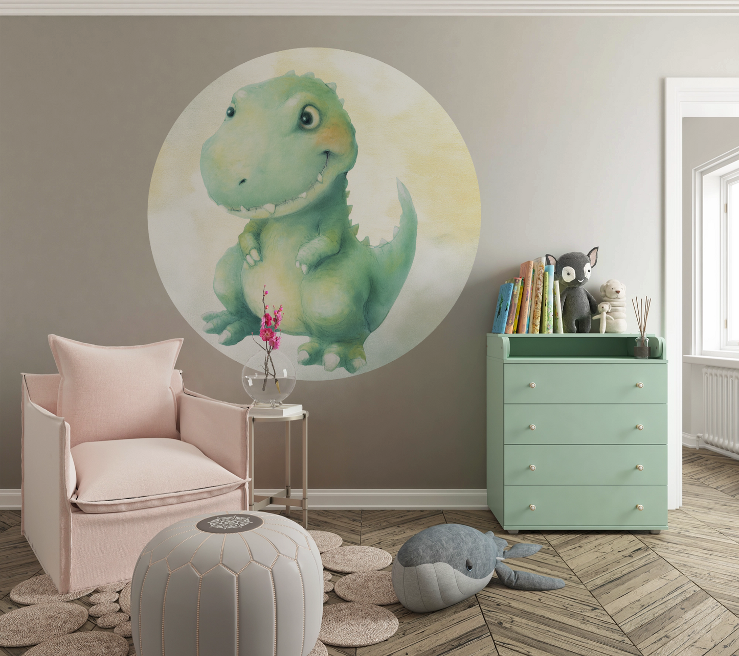 Wandsticker selbstklebend „Dot“ – Süßer Dinosaurier im Kreisdesign fürs Kinderzimmer  | Wall of Nova